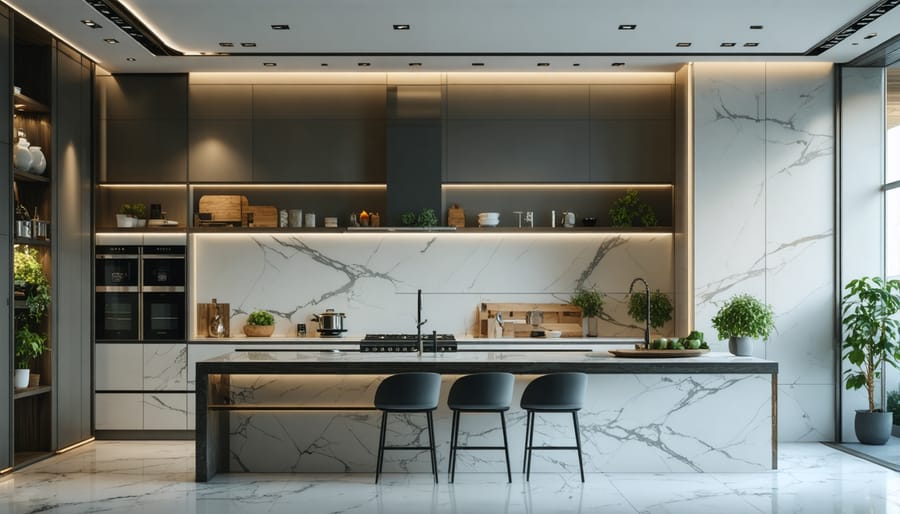 Kitchen interior showcasing under-cabinet lighting, pendant lights, and smart control panel