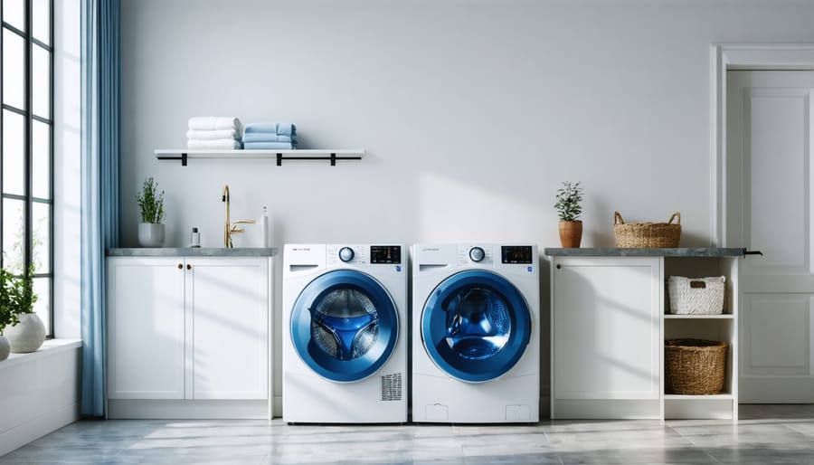 High-efficiency washer and dryer set displaying smart features and energy-saving settings