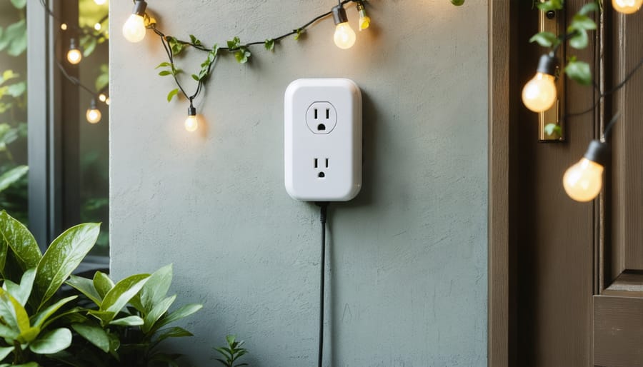 Weather-resistant smart outdoor plug powering garden lights and water fountain