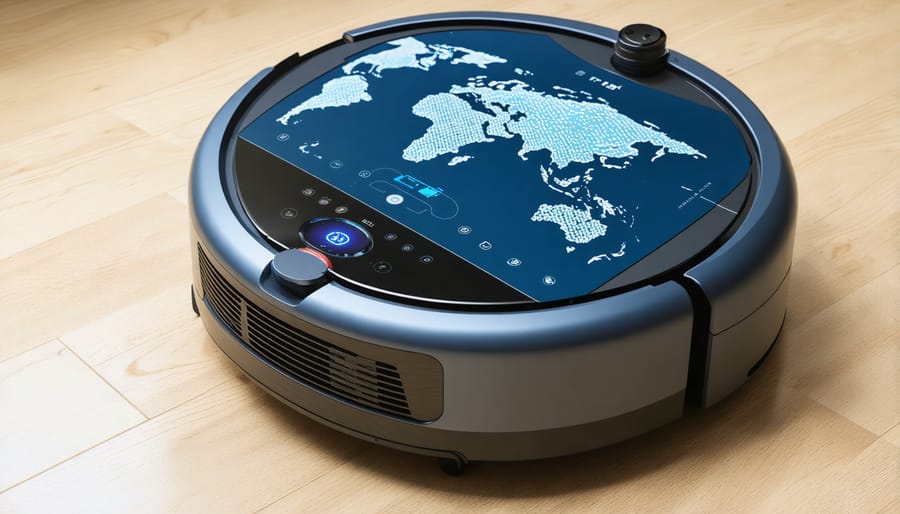 Smart robot vacuum cleaner displaying its mapping interface next to its charging dock