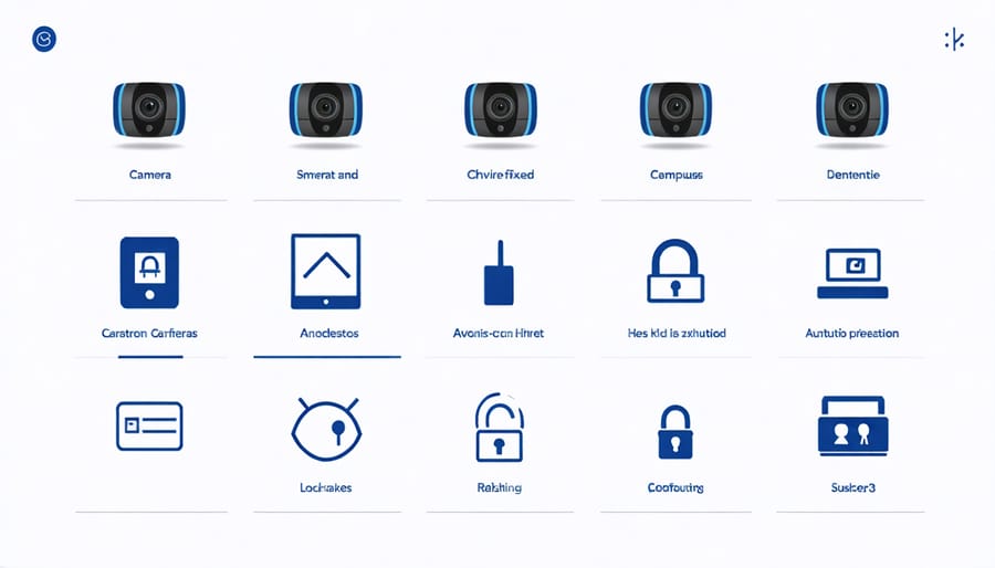 Smart home security dashboard displaying various security features and controls