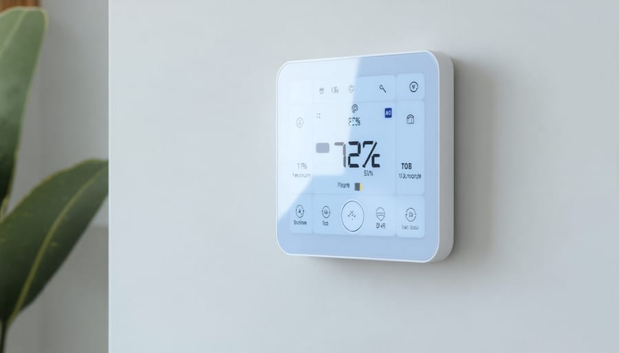 Smart thermostat displaying temperature settings, WiFi status, and room humidity levels