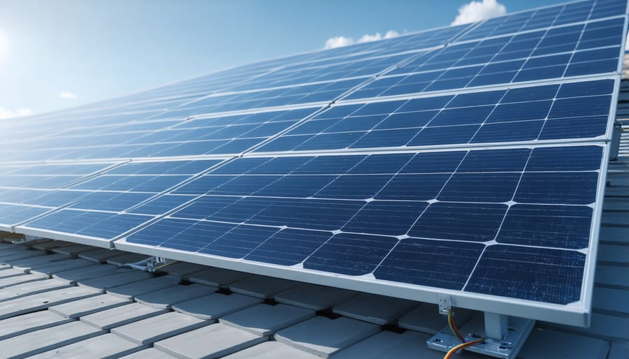 Rooftop solar panel array connected to home battery storage unit