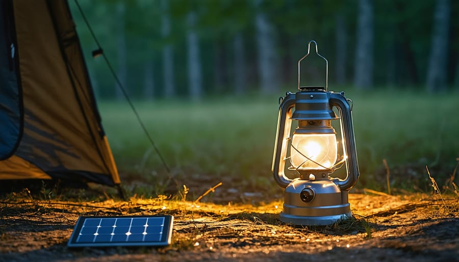 Sustainable LED camping lantern powered by solar panels lighting up a nighttime camp scene