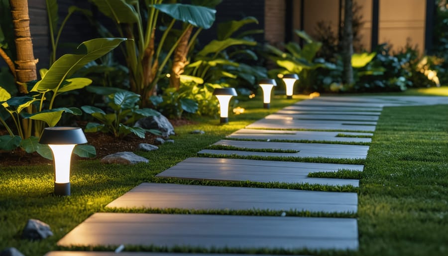 Solar LED garden path lights illuminating a curved walkway at sunset