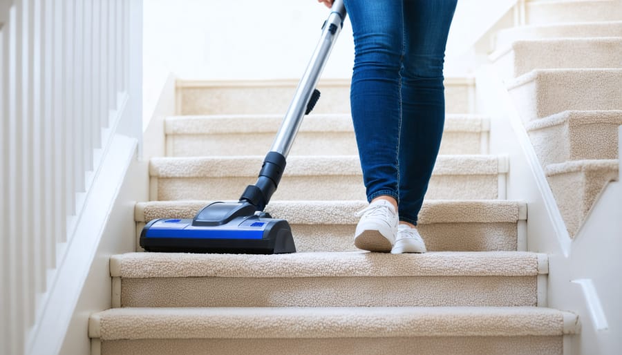 Demonstration of correct vacuum positioning and movement on carpeted stairs
