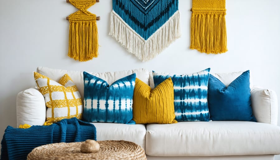 Modern living room decorated with various hand-dyed textile pieces