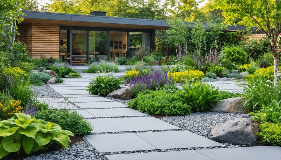 Eco-friendly landscape design showcasing multiple sustainable features and native plants