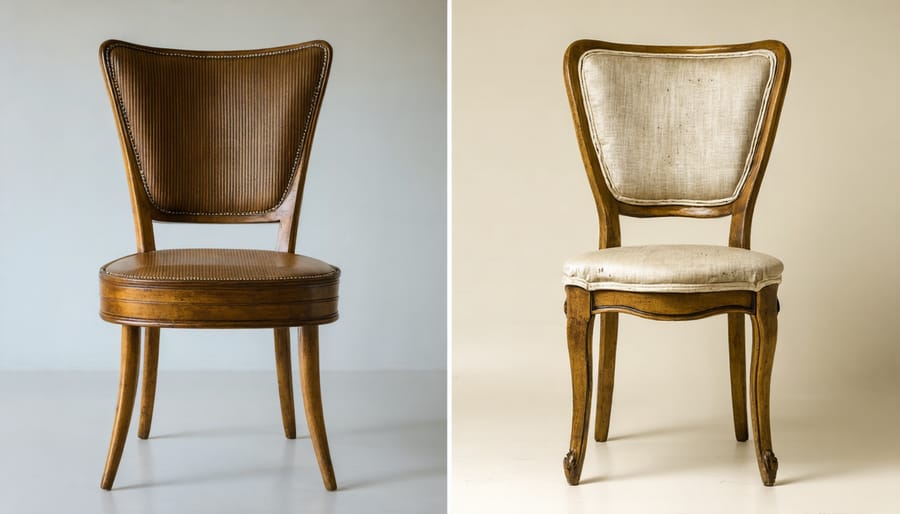 Split image showing worn vintage chair before restoration and after eco-friendly renovation