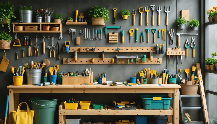 Collection of sustainable furniture restoration tools including natural brushes, sandpaper, and eco-friendly finishes