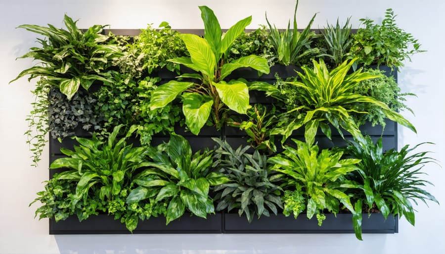 Vertical garden wall with diverse plant species arranged in a geometric pattern