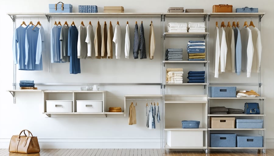Organized laundry room wall with mounted shelves, cabinets, and hanging storage solutions