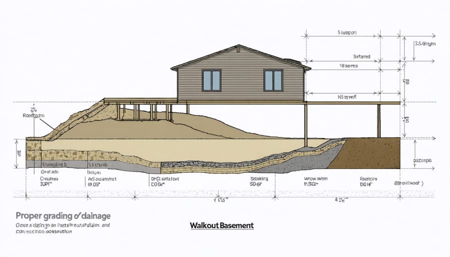 Technical illustration of walkout basement construction and drainage systems