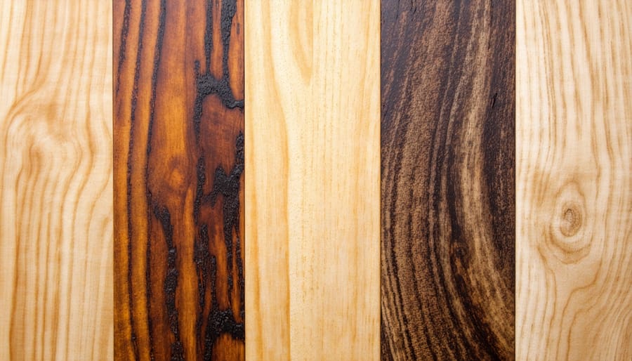 Various wood samples displaying distinct grain patterns and characteristics