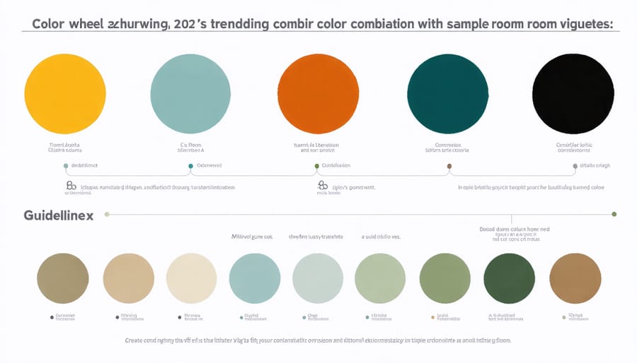 Infographic displaying trending color palettes for 2024 with example room applications
