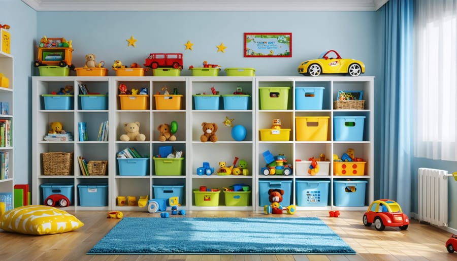 Child-accessible storage system with colorful bins and clear labels
