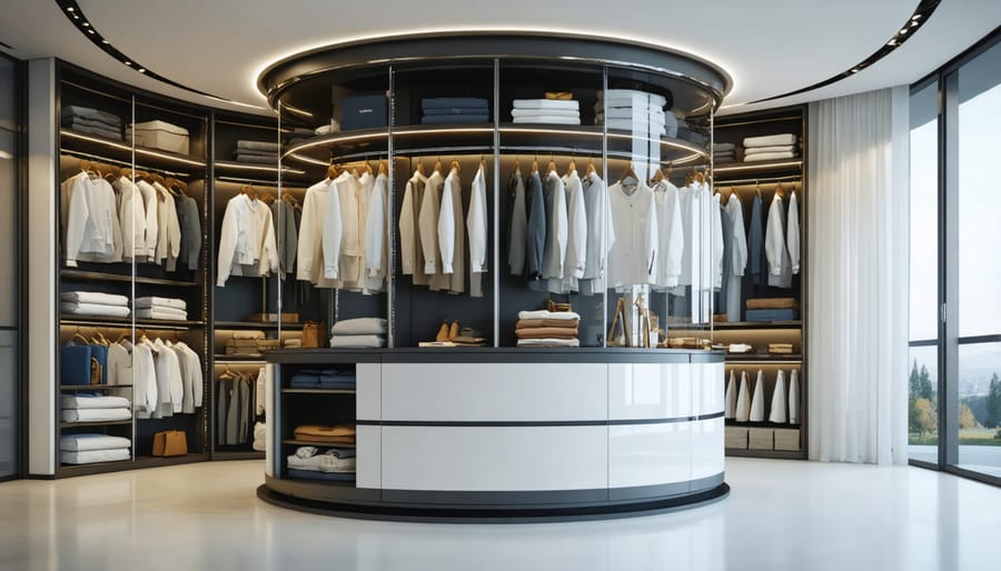 Smart closet with rotating rack system and digital interface showing clothing categories
