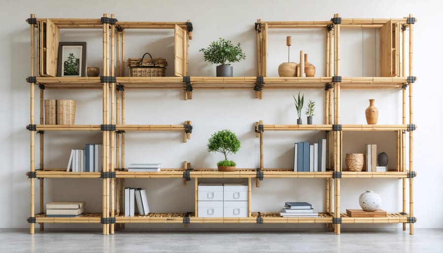 Eco-friendly bamboo modular shelving system displaying organized home items