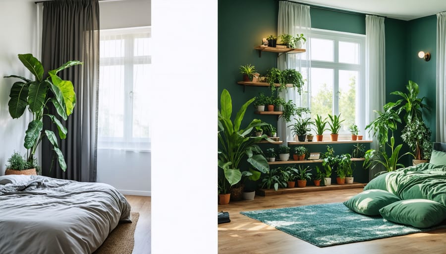 Before and after comparison of a bedroom transformed with biophilic design elements