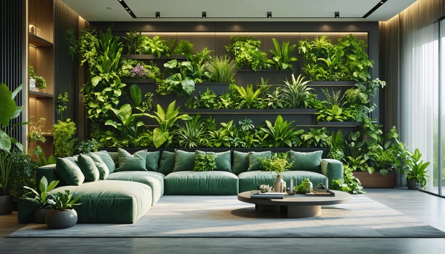 Biophilic living room design with floor-to-ceiling living wall and natural ventilation elements