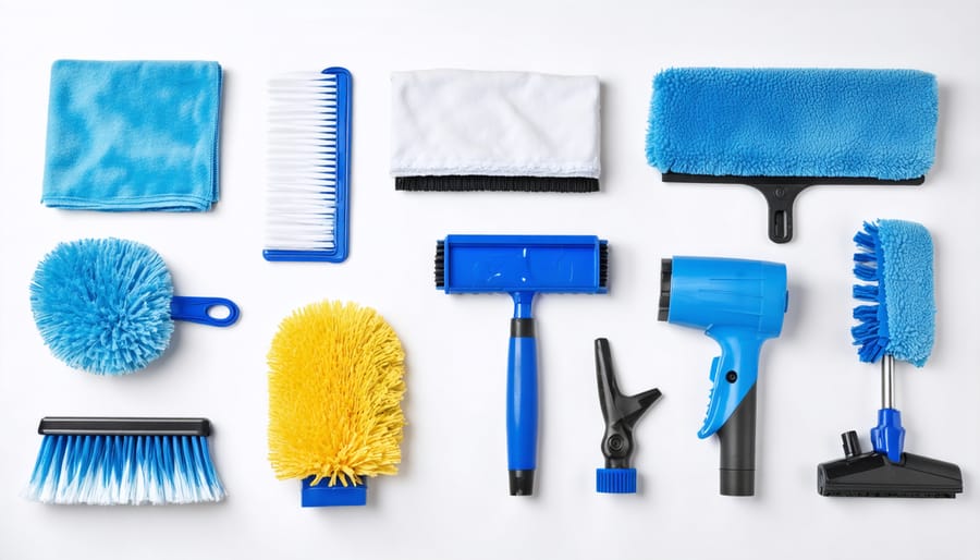 Collection of window blind cleaning tools including microfiber cloths, dusters, and vacuum attachments on a white surface