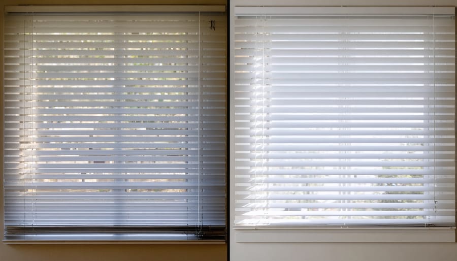 Before and after comparison of window blinds showing the difference between dusty and clean blinds