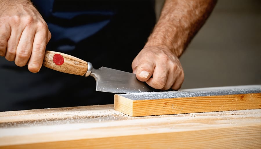 Four-stage process of sharpening a stone carving chisel on a traditional whetstone