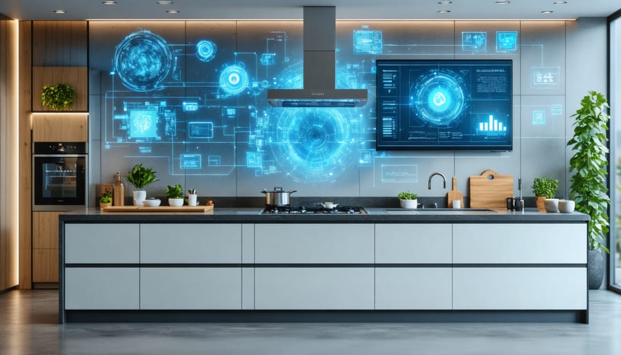 Connected kitchen featuring smart refrigerator, oven, and countertop devices with touchscreen interfaces