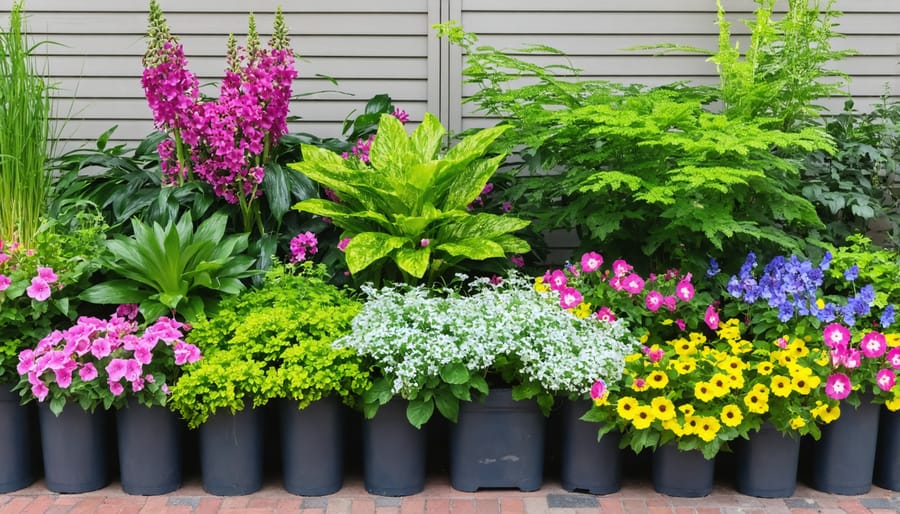 Colorful outdoor planters with mixed flowers and foliage plants