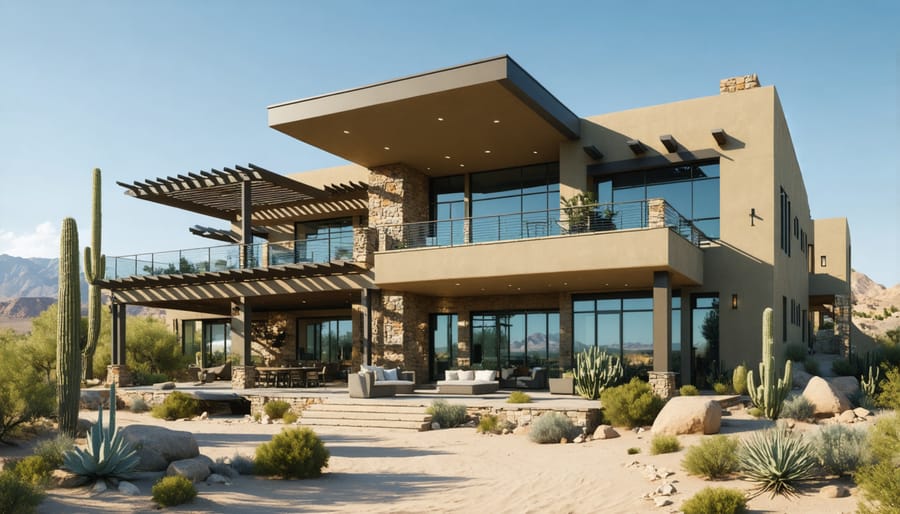 Modern desert residence utilizing passive solar design principles with visible architectural elements