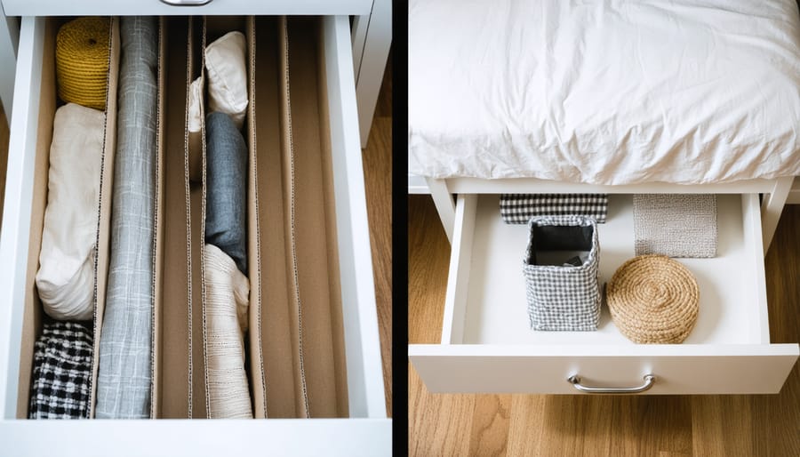 Split image showing disorganized drawer contents transformed with handmade fabric dividers