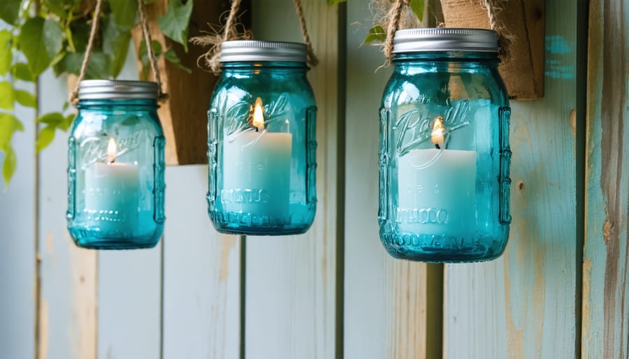 Handmade outdoor lighting using upcycled mason jars with candles