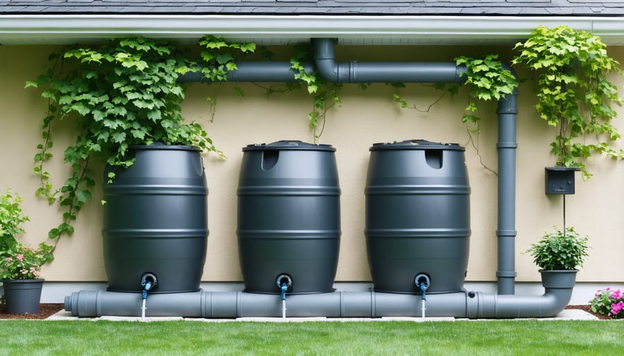 Home rainwater harvesting setup with connected barrels and downspouts