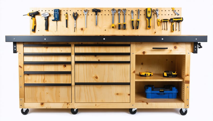 DIY wooden workbench featuring built-in storage solutions and organized tool layout