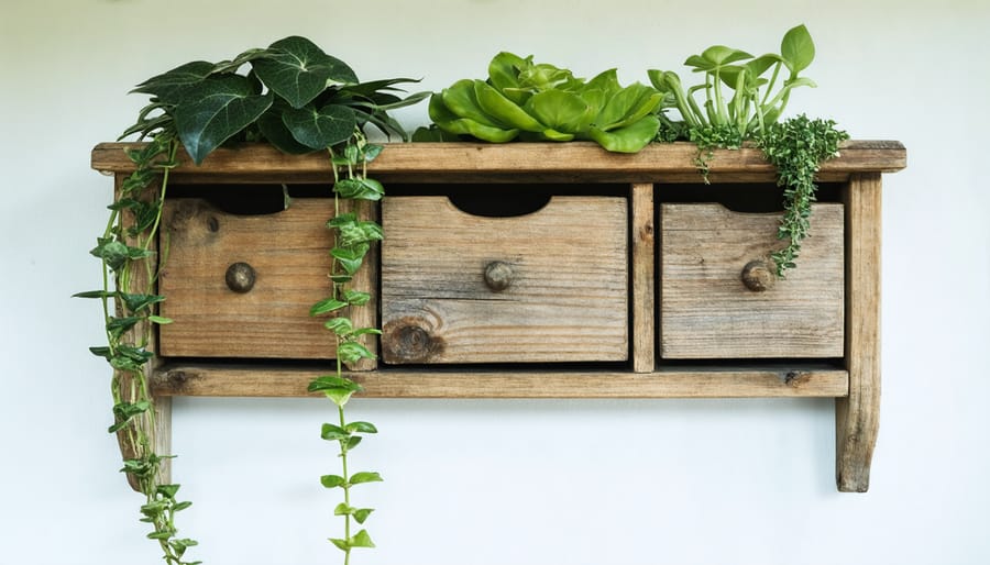 Upcycled wooden drawer serving as a wall-mounted planter displaying multiple indoor plants