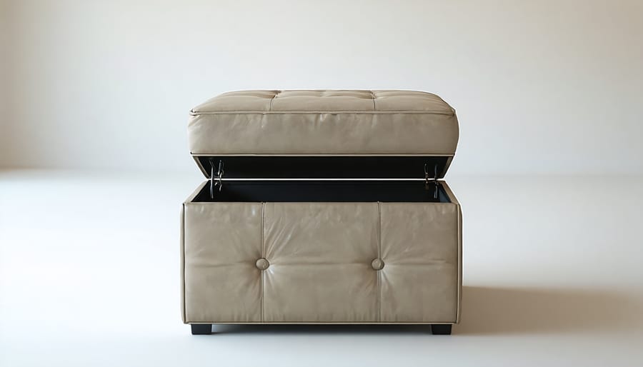 Storage ottoman with open lid showing internal compartment, crafted from sustainable materials