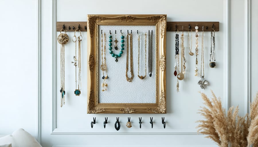 DIY jewelry organizer made from an ornate picture frame displaying necklaces and earrings