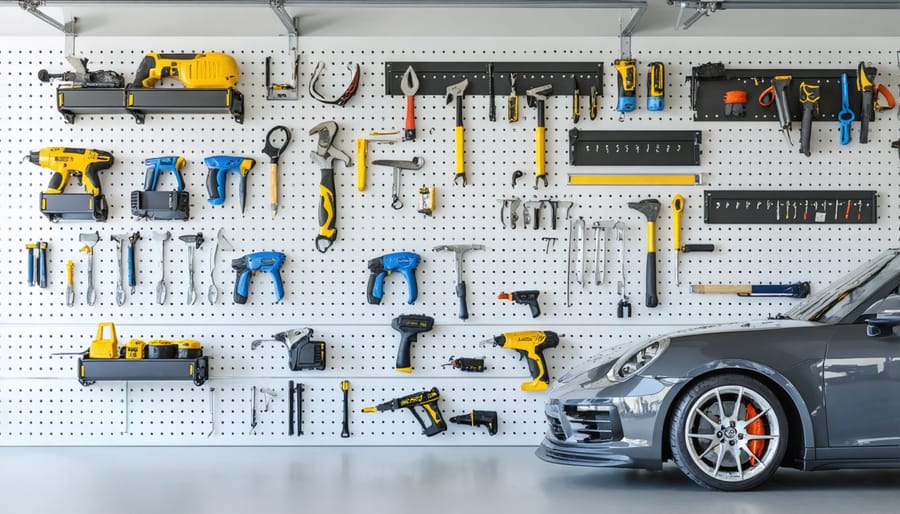 Organized garage wall featuring DIY pegboard installation with various tools neatly arranged