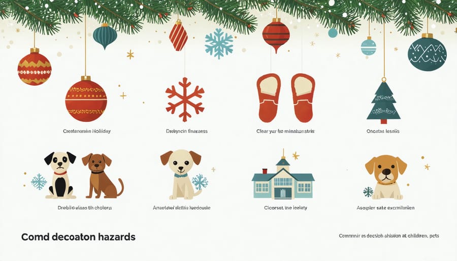 Visual guide highlighting dangerous decorations and safe alternatives for homes with children and pets