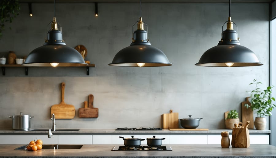 Modern industrial lighting fixtures illuminating a concrete counter space