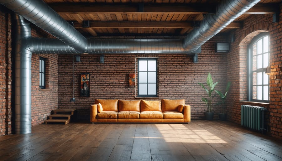 Urban industrial loft interior with exposed architectural elements and mixed materials