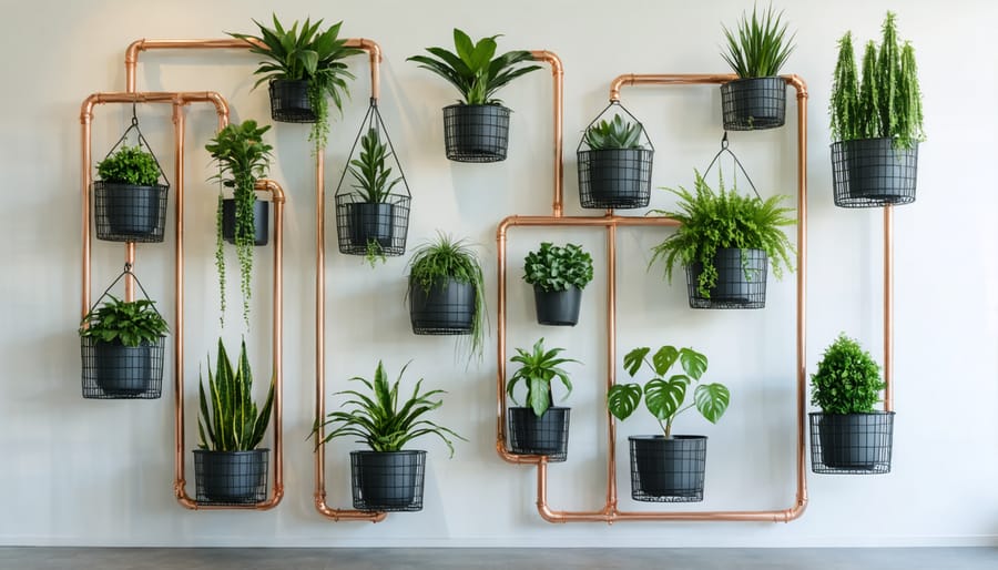 Modern industrial plant display combining metal pipes and wire baskets with lush green plants