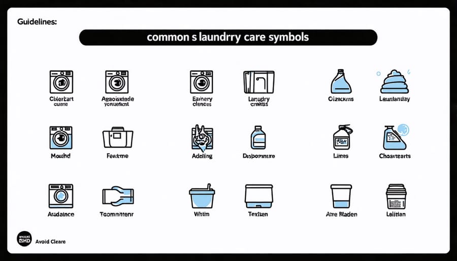 Visual guide to laundry symbols including washing, drying, and ironing instructions