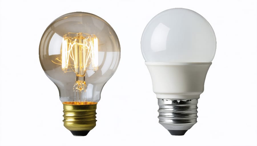 Side-by-side comparison of LED and incandescent light bulbs highlighting energy ratings
