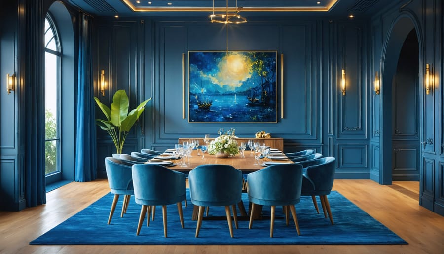 Elegant dining space featuring navy blue walls, crystal chandelier, and brass fixtures