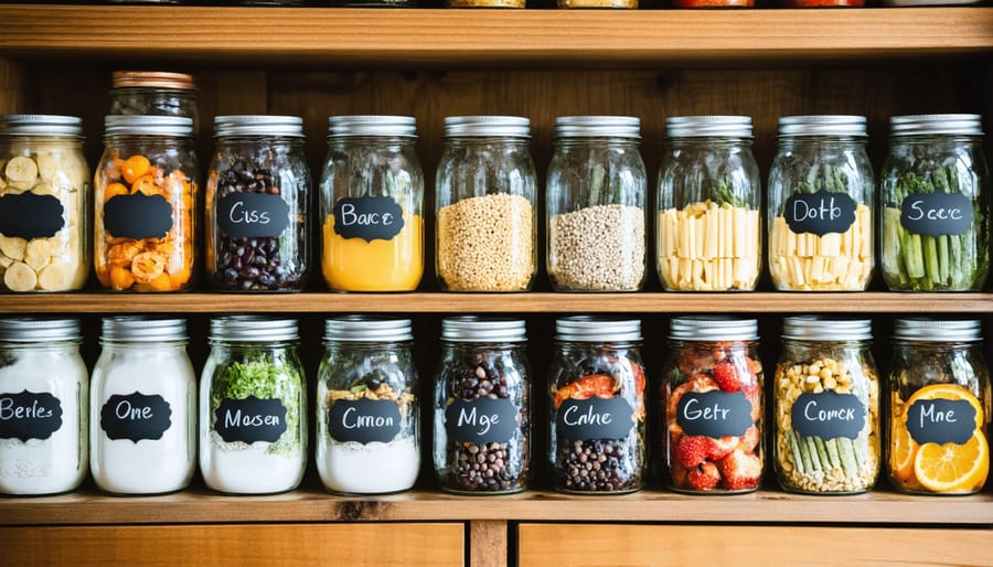 Mason jars containing pasta, rice, and dry goods arranged neatly on a kitchen shelf