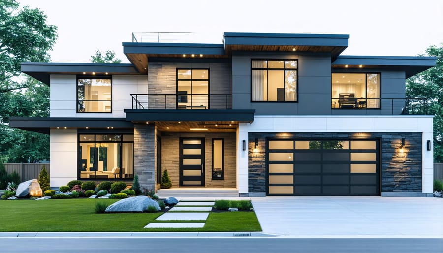 Contemporary ranch house exterior with modern color palette and wood elements