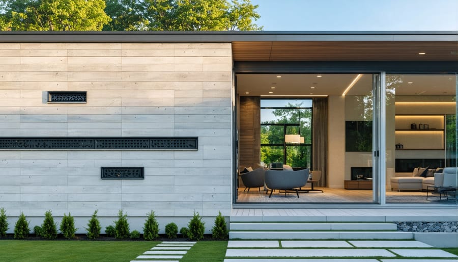 Contemporary house exterior showing a dark-colored Trombe wall with integrated ventilation system