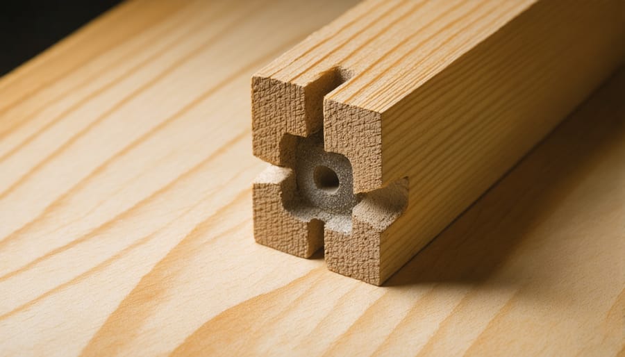 Close-up view of Japanese mortise and tenon joint construction