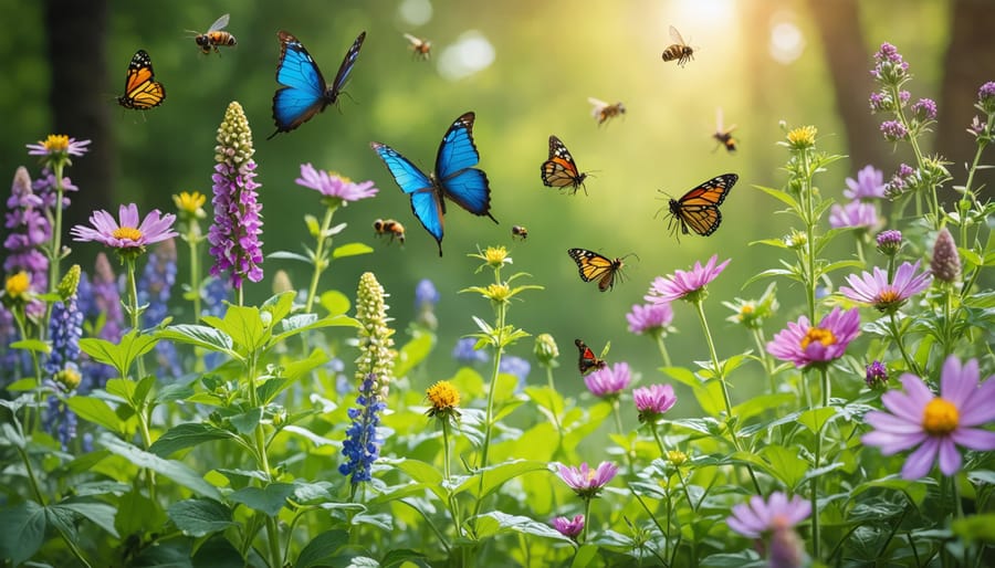 Vibrant native flower garden bustling with butterflies and bees
